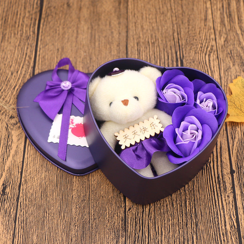 Soap Flower Gift Box Valentine's Day Gift Mother's Day Creative Gifts Bear Flower Rose Heart Shaped Tin Box